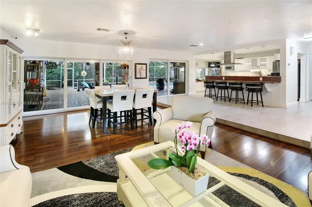 a view of a backyard with large trees