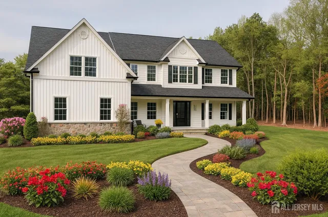 a front view of a house with a garden and trees