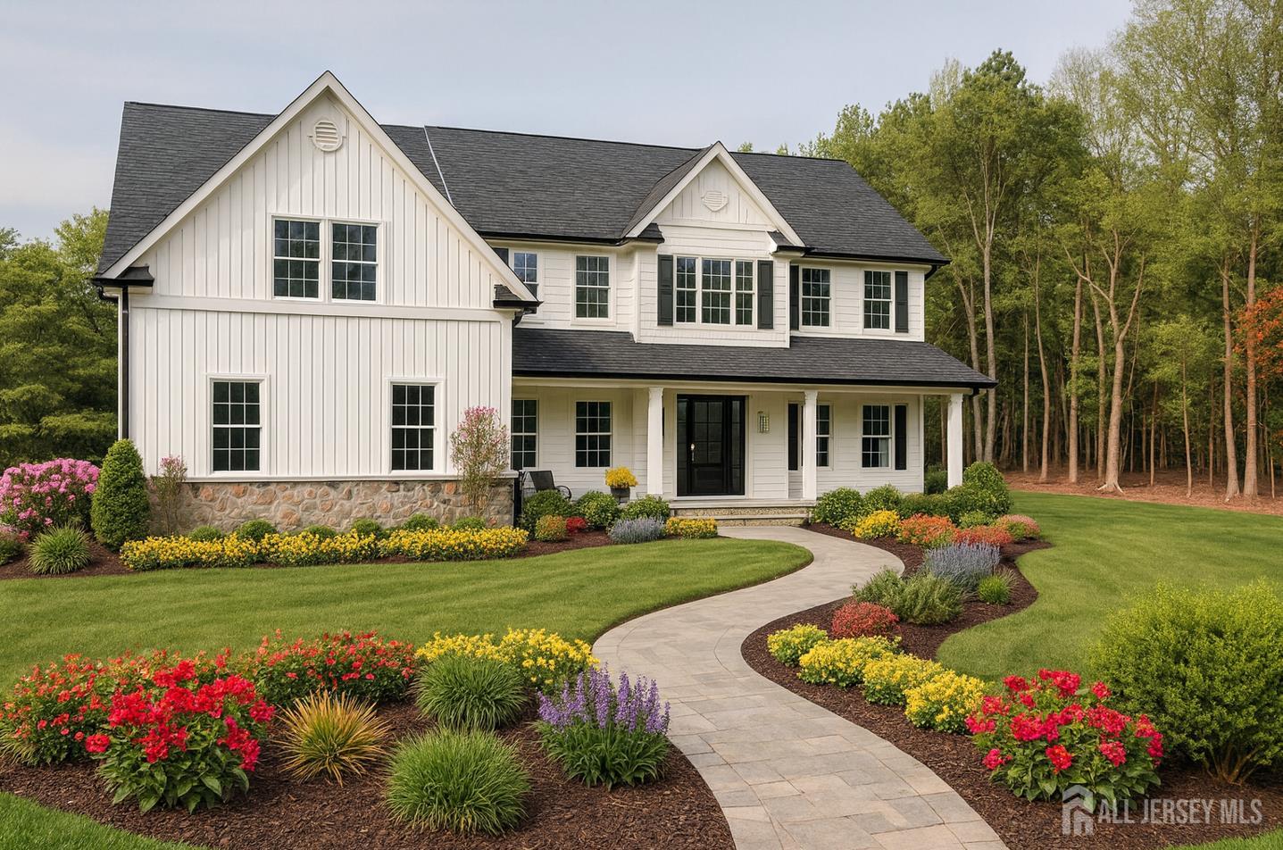 a front view of a house with a garden and trees