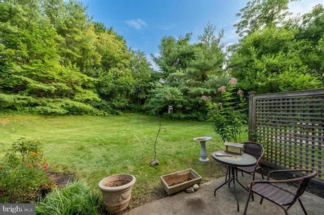 a view of a backyard with table and chairs potted plants and tree