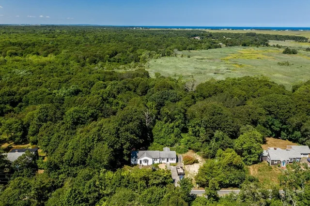 an aerial view of residential house with beach and trees around