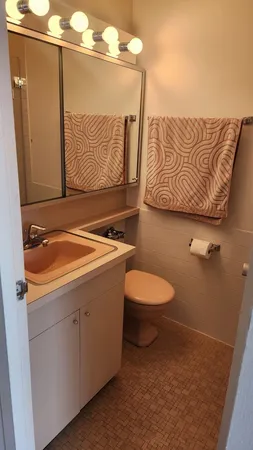 a bathroom with a sink and mirror with toilet