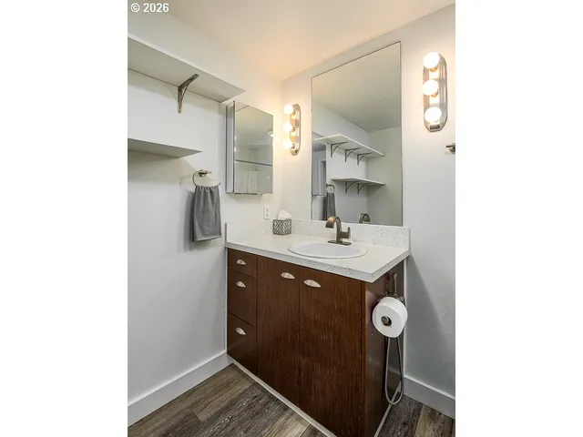 a bathroom with a sink and a mirror