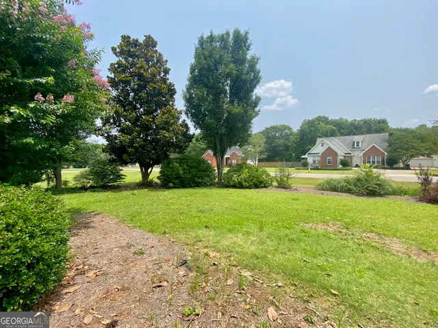a view of a garden with houses