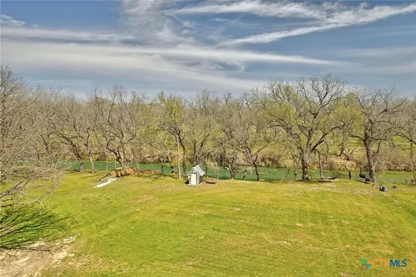 a view of a park with large trees