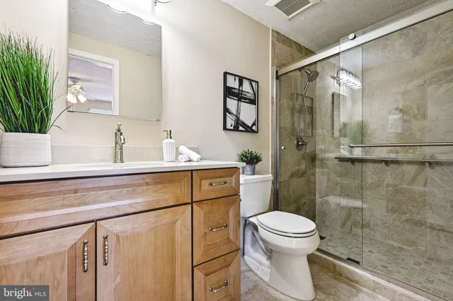 a bathroom with a sink a toilet and shower