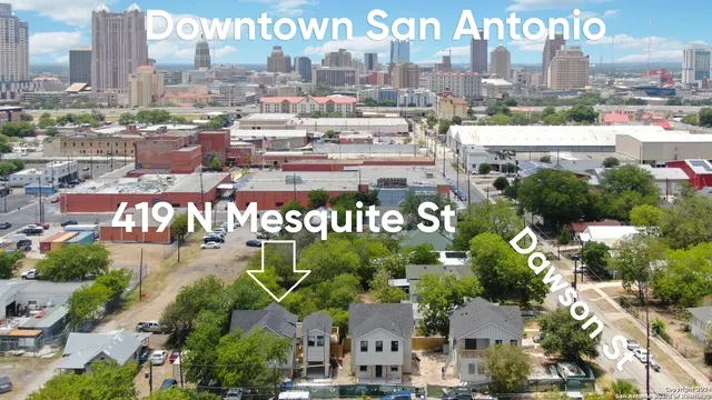 an aerial view of a building with entryway