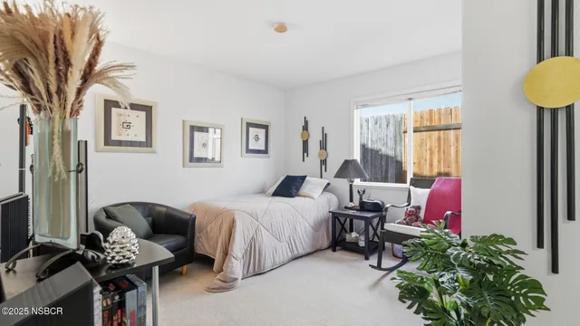 a bedroom with furniture and a potted plant