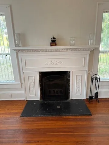 a view of living room with furniture and a fireplace