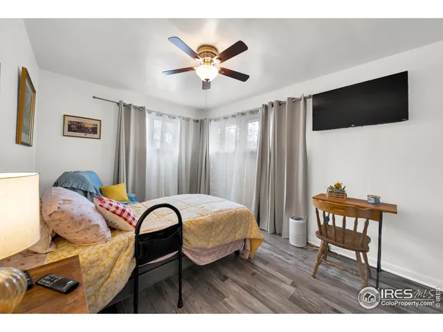a bedroom with furniture and a ceiling fan