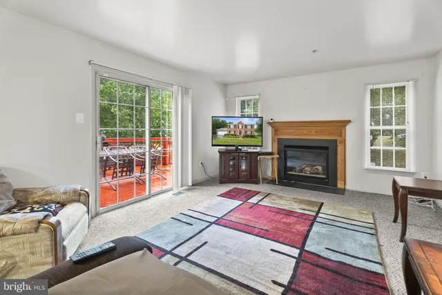 a living room with furniture a rug and a fireplace