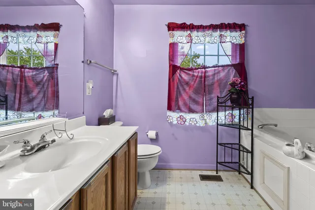 a bathroom with a sink mirror and toilet