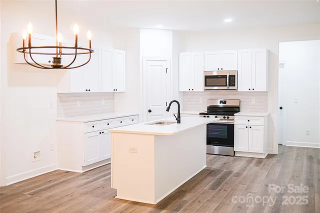a kitchen with appliances a sink and cabinets