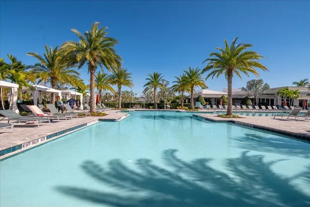 a view of a lake with a yard and palm trees
