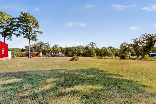 a view of a field with trees in the background