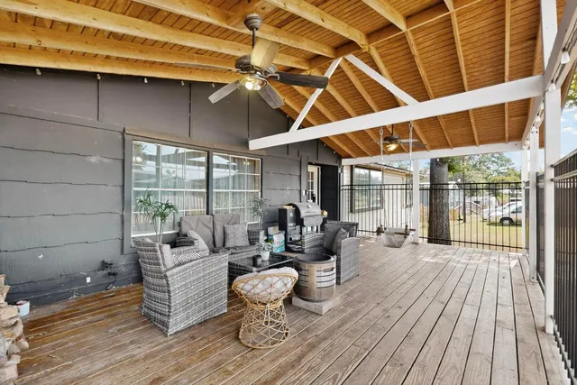 a living room with patio area