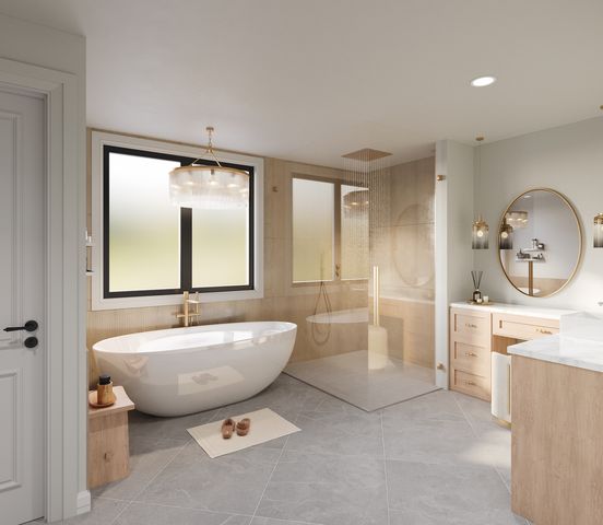 a spacious bathroom with a tub mirror and window