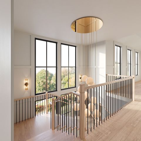 a view of staircase with large windows