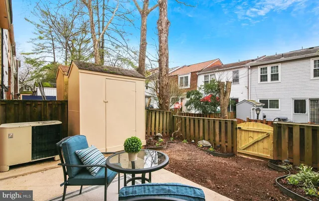 a backyard of a house with table and chairs