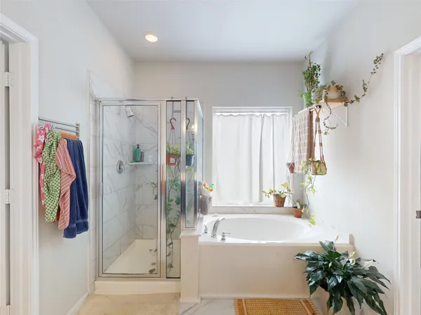 a bathroom with a bathtub and a shower