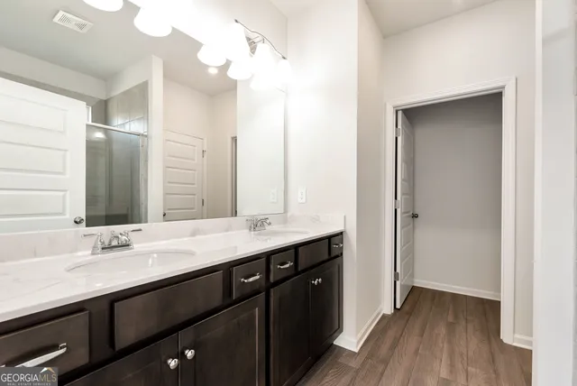 a bathroom with a double vanity sink a mirror and a shower