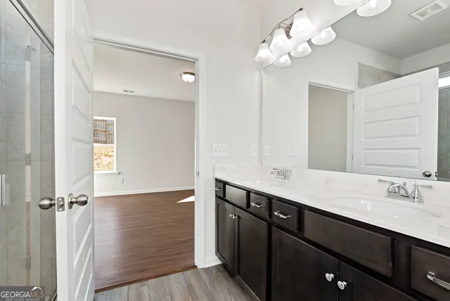 a bathroom with a sink vanity and a mirror