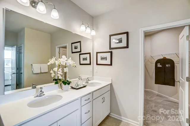 a bathroom with a sink vanity and a mirror