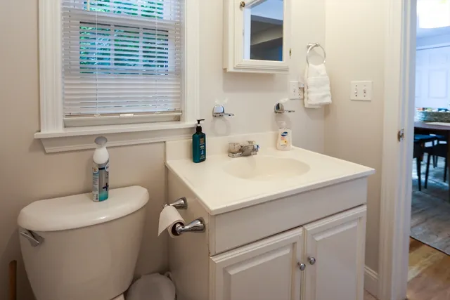 a bathroom with a toilet a sink and mirror