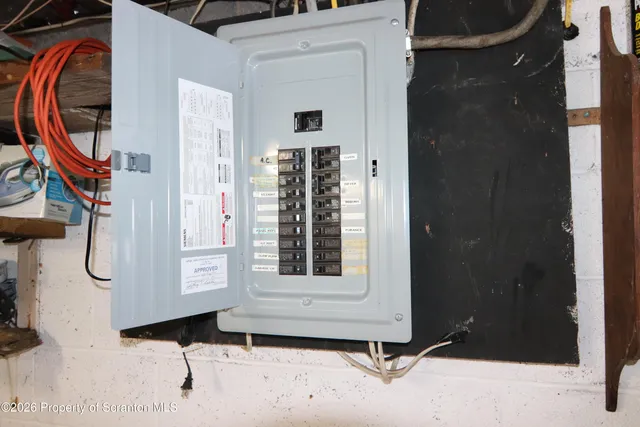 a view of a garage with storage