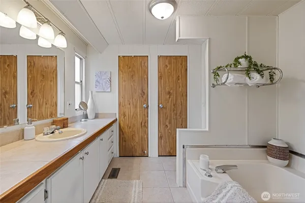 a bathroom with a tub sink and mirror