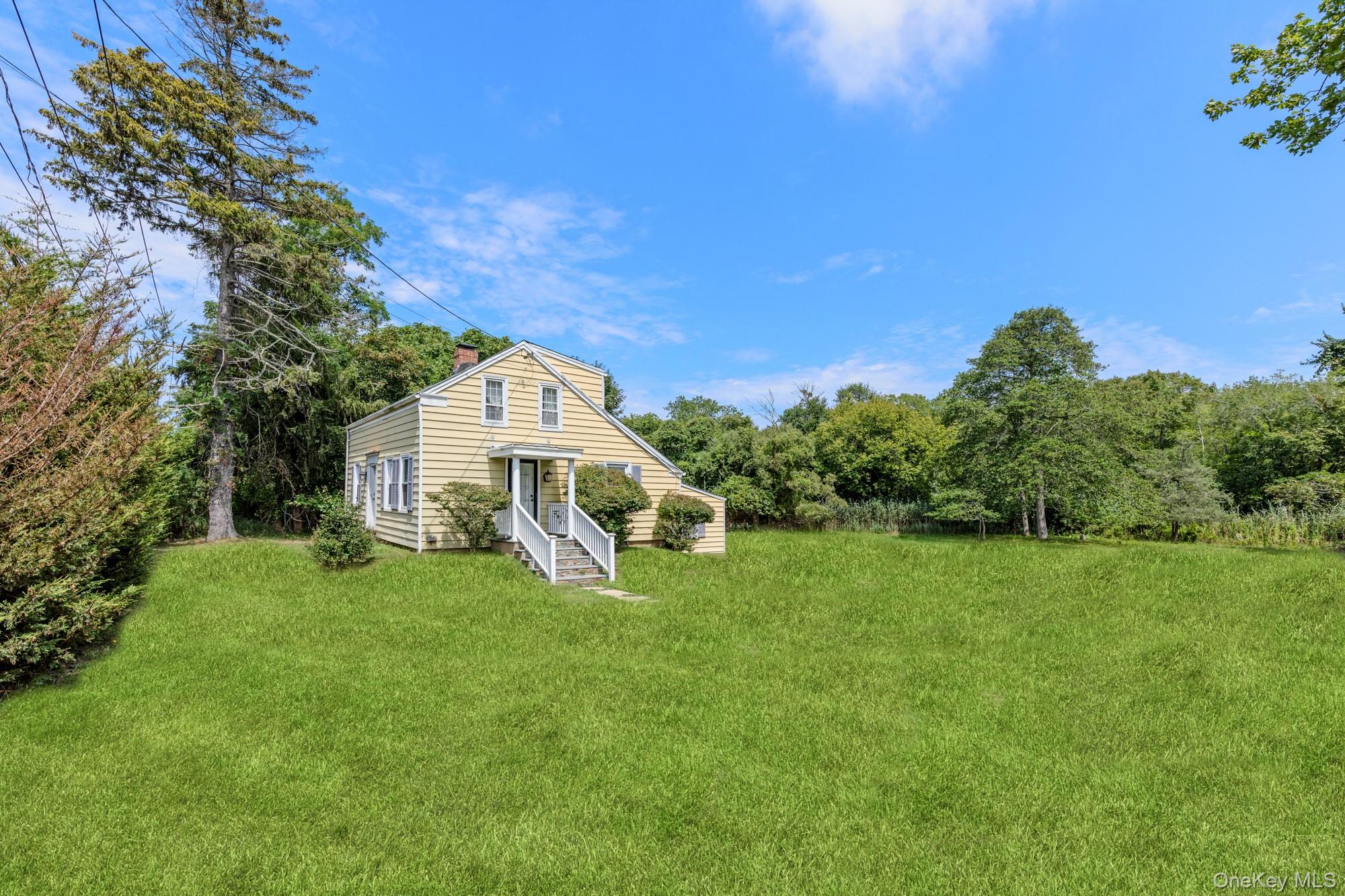 Rear view of property with a chimney and a lawn