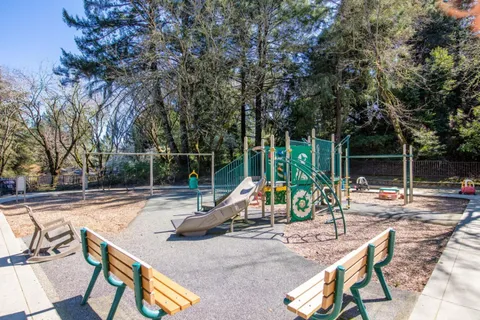 a view of a park with slide