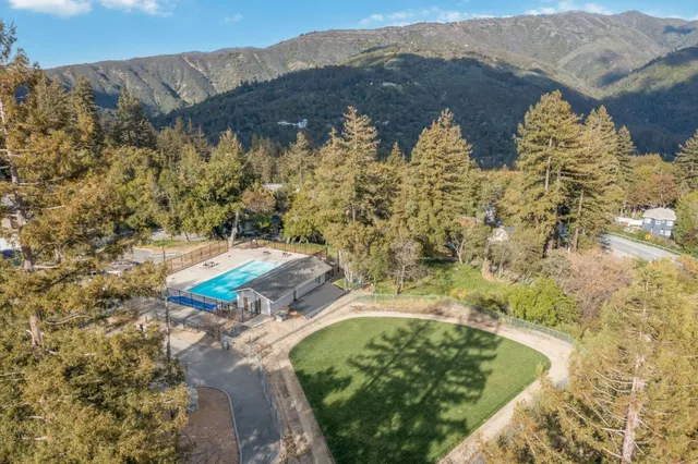a view of a lush green field with mountains in the background