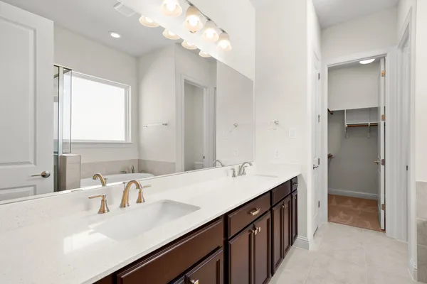 a bathroom with a sink double vanity and a mirror