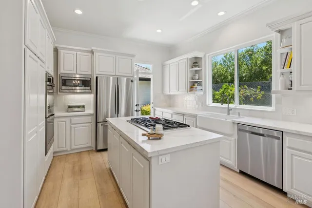 a kitchen that has a stove a refrigerator and a sink