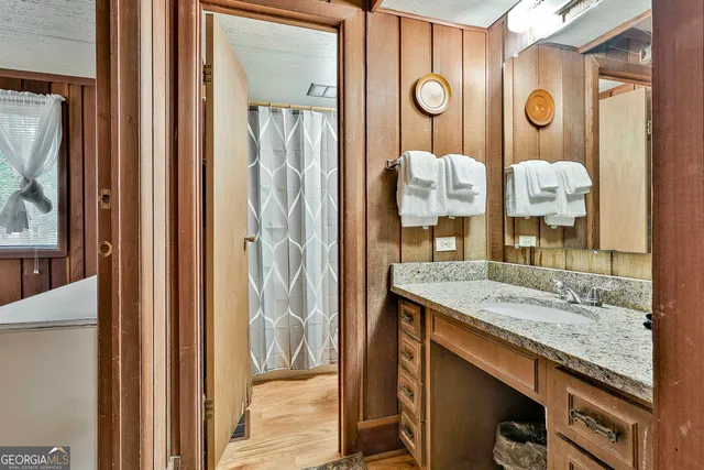 a bathroom with a granite countertop sink and a mirror