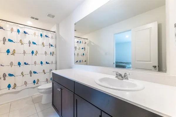 a bathroom with a sink toilet vanity and tub