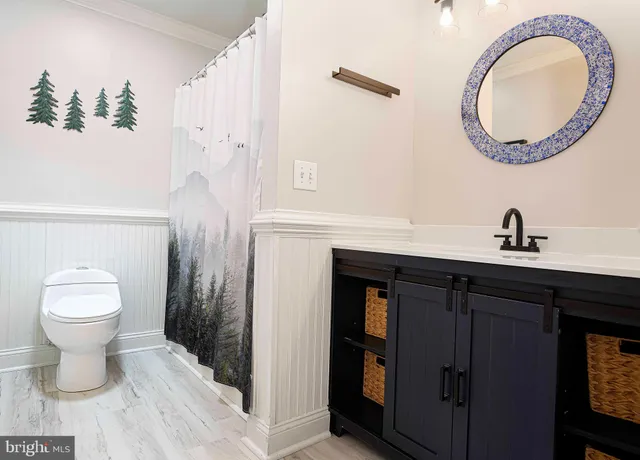 a bathroom with a toilet a sink and a mirror