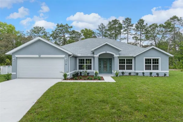 a front view of house with yard and green space
