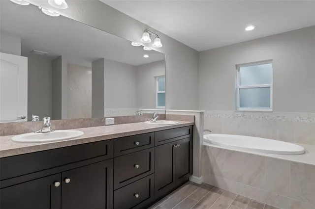 a bathroom with a double vanity sink and a bathtub