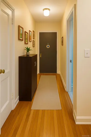 a view of a hallway with a wooden floor