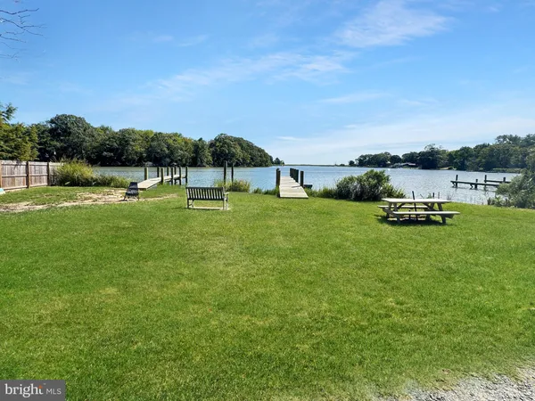 a swimming pool with lawn chairs and large trees