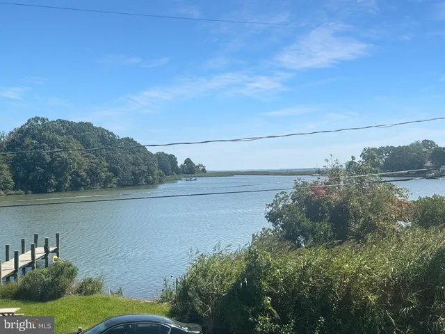 a view of a lake with houses in the background