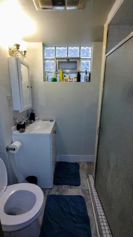 a bathroom with a toilet and a shower