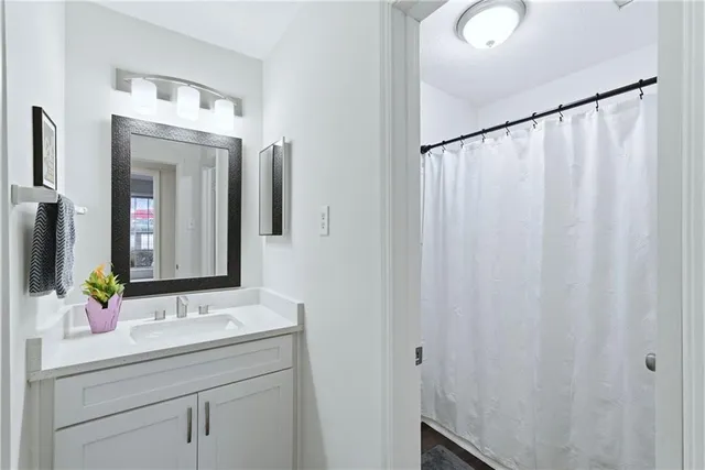 a bathroom with a sink and a mirror