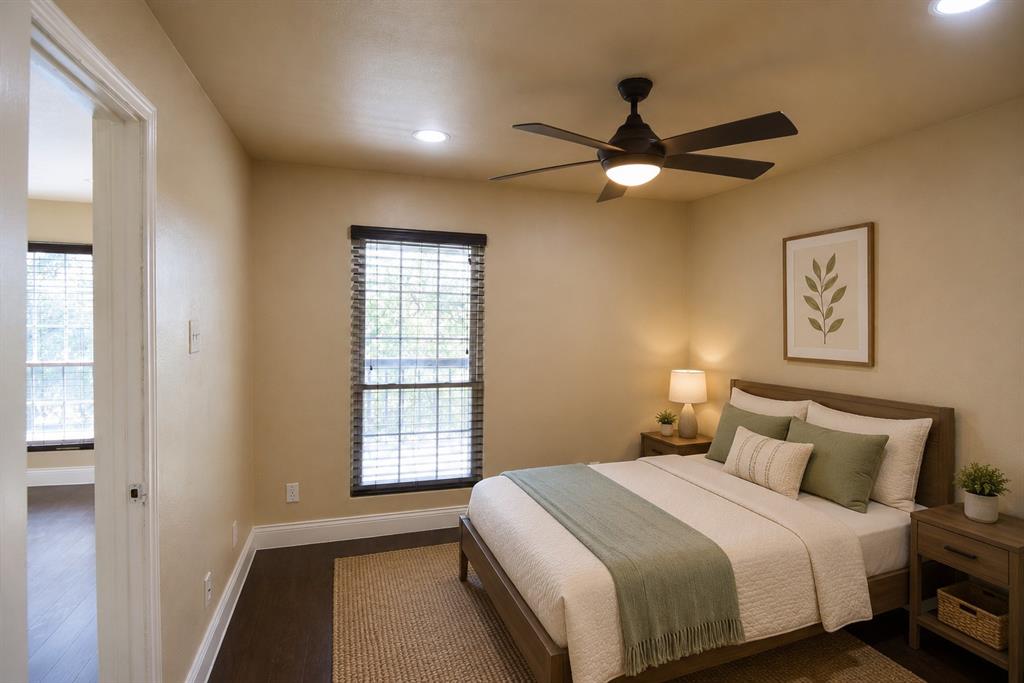 18333 Roehampton Drive, Unit 1036 Dallas, TX 75252 - Photo 6 of 12 Bedroom featuring wood-finish flooring, recessed lighting, and a ceiling fan with integrated light