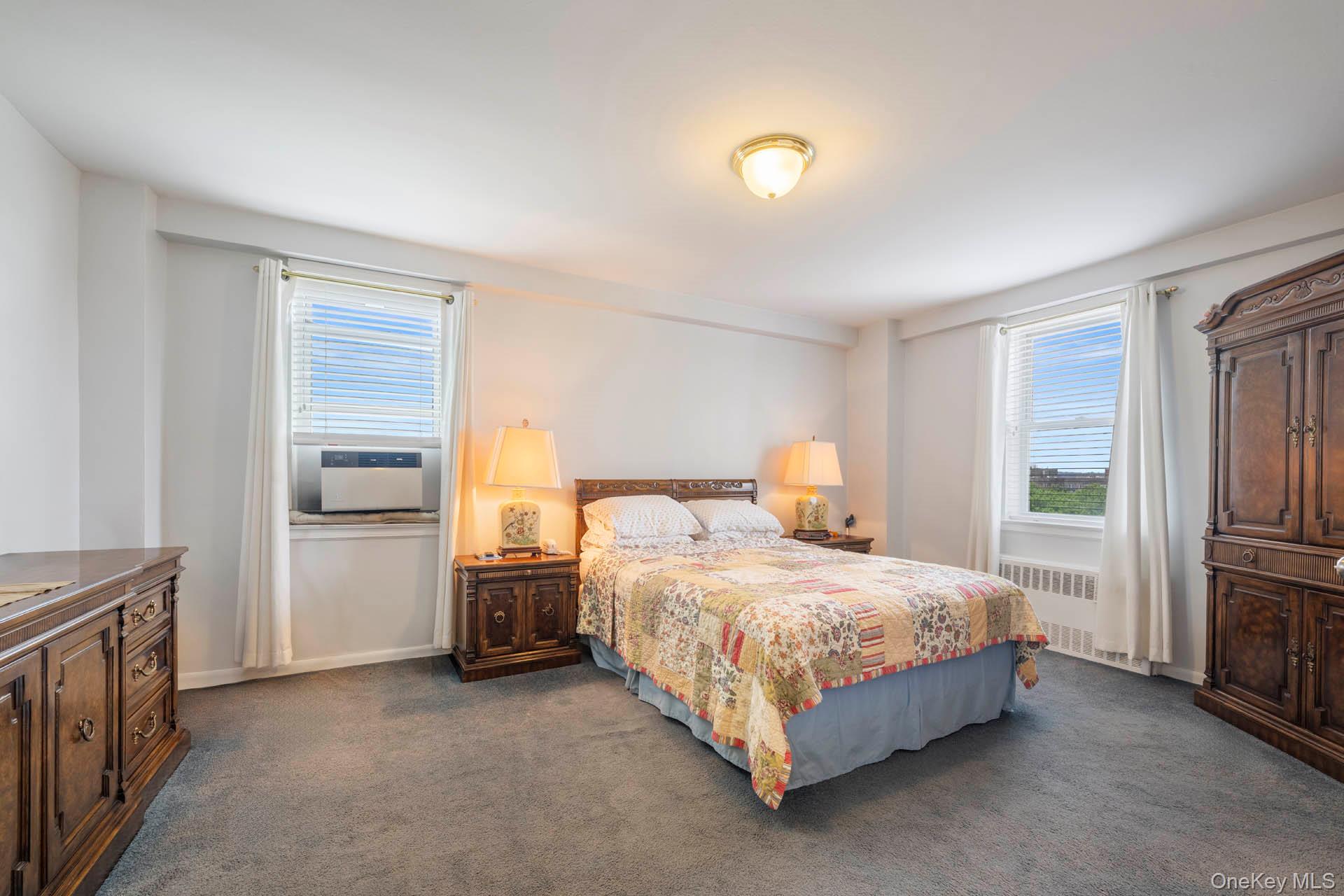 3135 Johnson Avenue, Unit 16C Bronx, NY 10463 - Photo 6 of 13 Bedroom with dark colored carpet and radiator heating unit