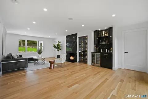 a living room with furniture fireplace and potted plant
