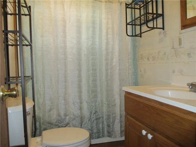 a bathroom with a sink a toilet and shower curtain