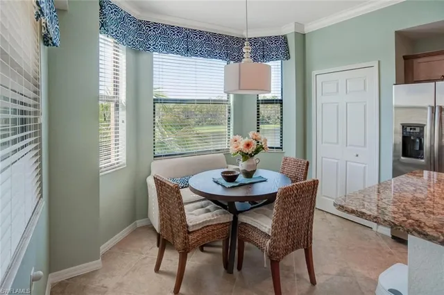 a view of a dining room with furniture window and outside view